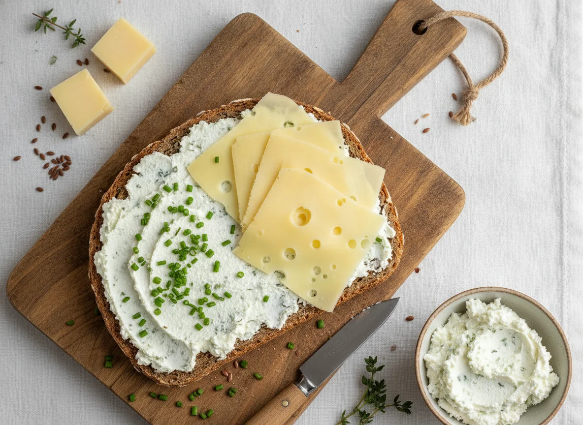 Vollkornbrot mit Frischkäse und Schnittkäse photo