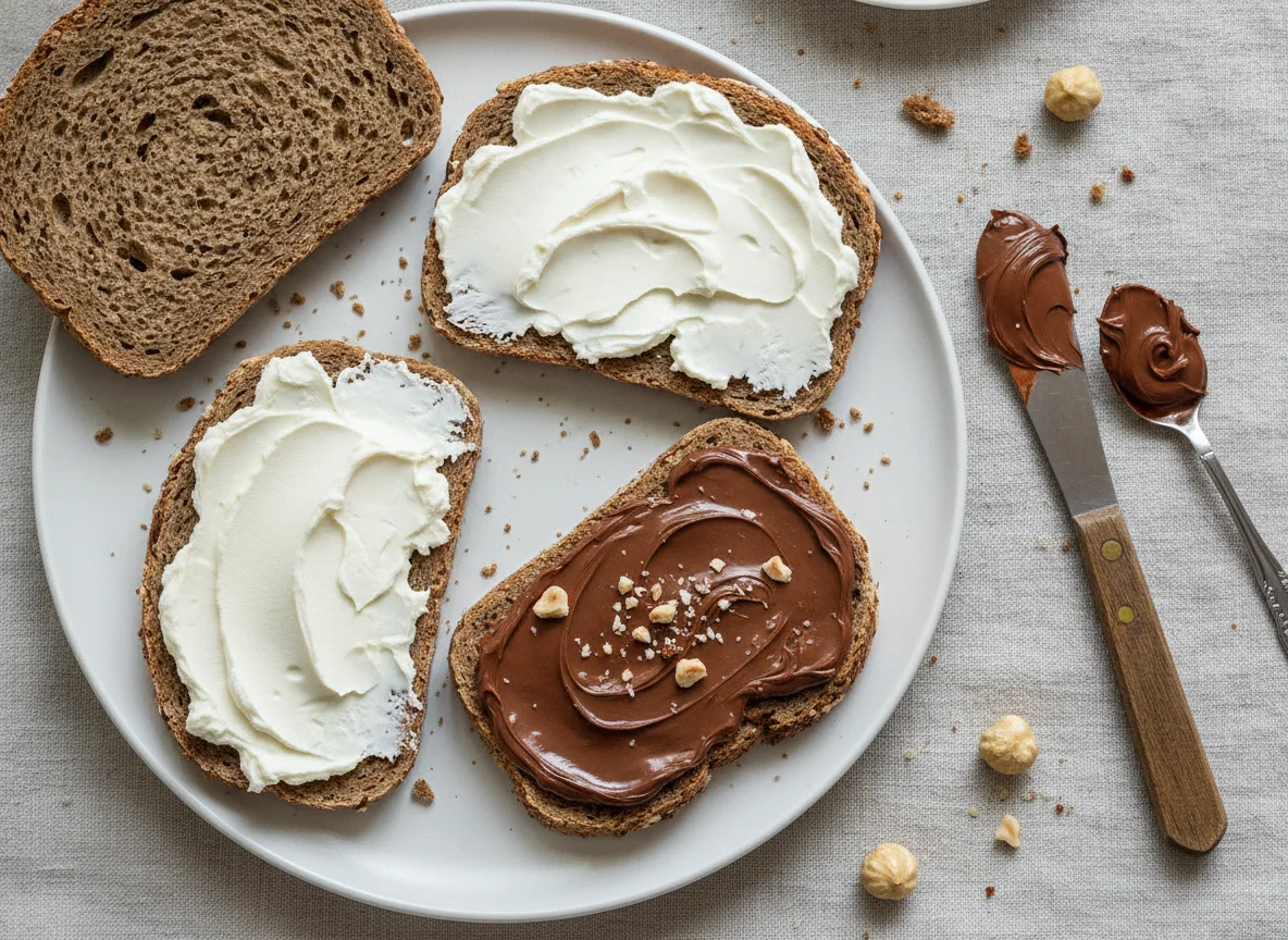 Vollkornbrot mit Frischkäse und Schokoladenaufstrich photo