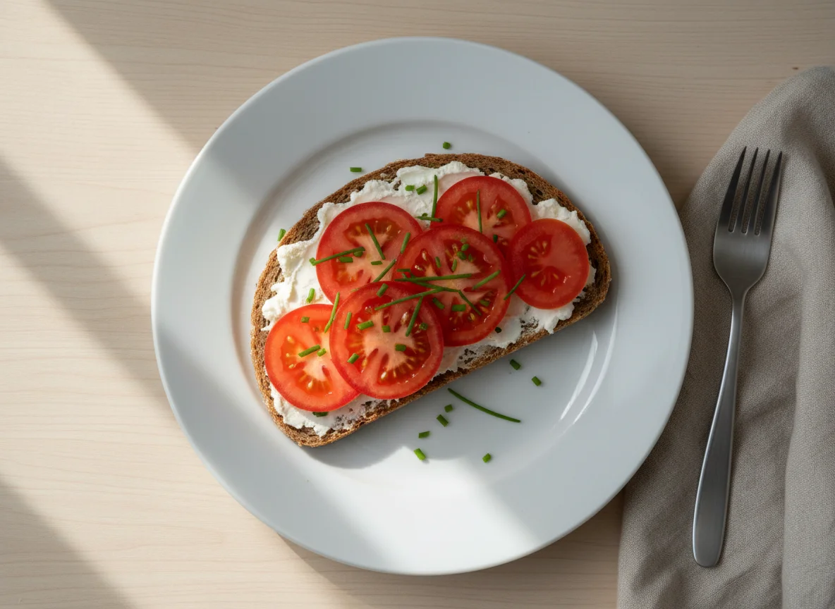 Vollkornbrot mit Frischkäse und Tomate photo