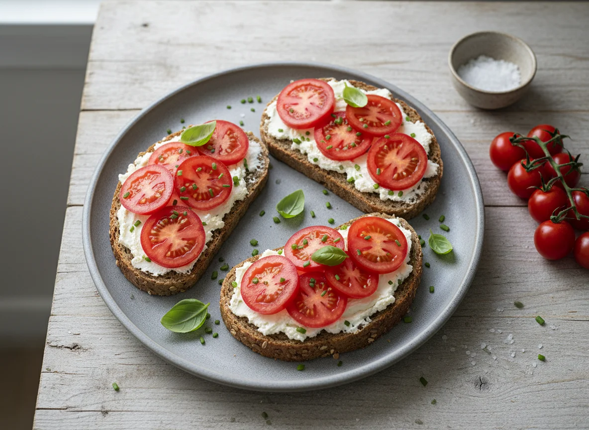 Vollkornbrot mit Frischkäse und Tomaten photo