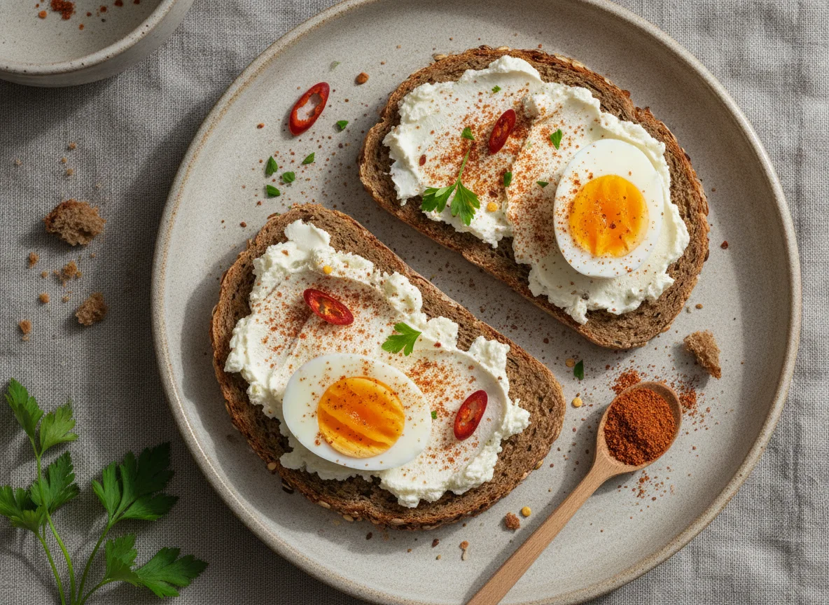 Vollkornbrot mit gekochten Eiern und Gewürzen photo