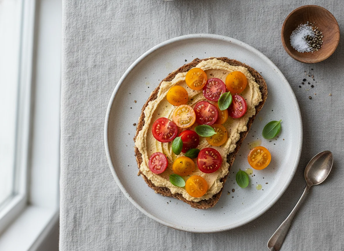 Vollkornbrot mit Hummus und Kirschtomaten photo