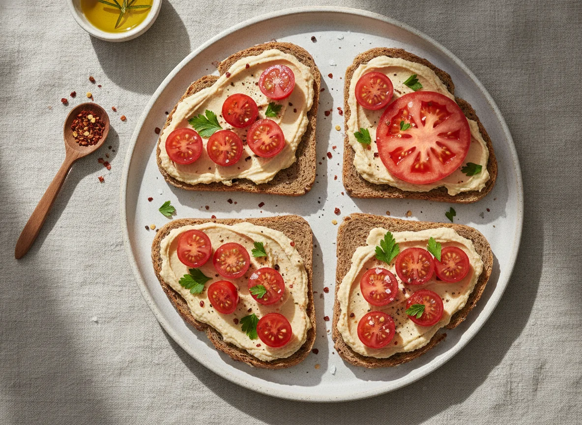 Vollkornbrot mit Hummus und Tomaten photo