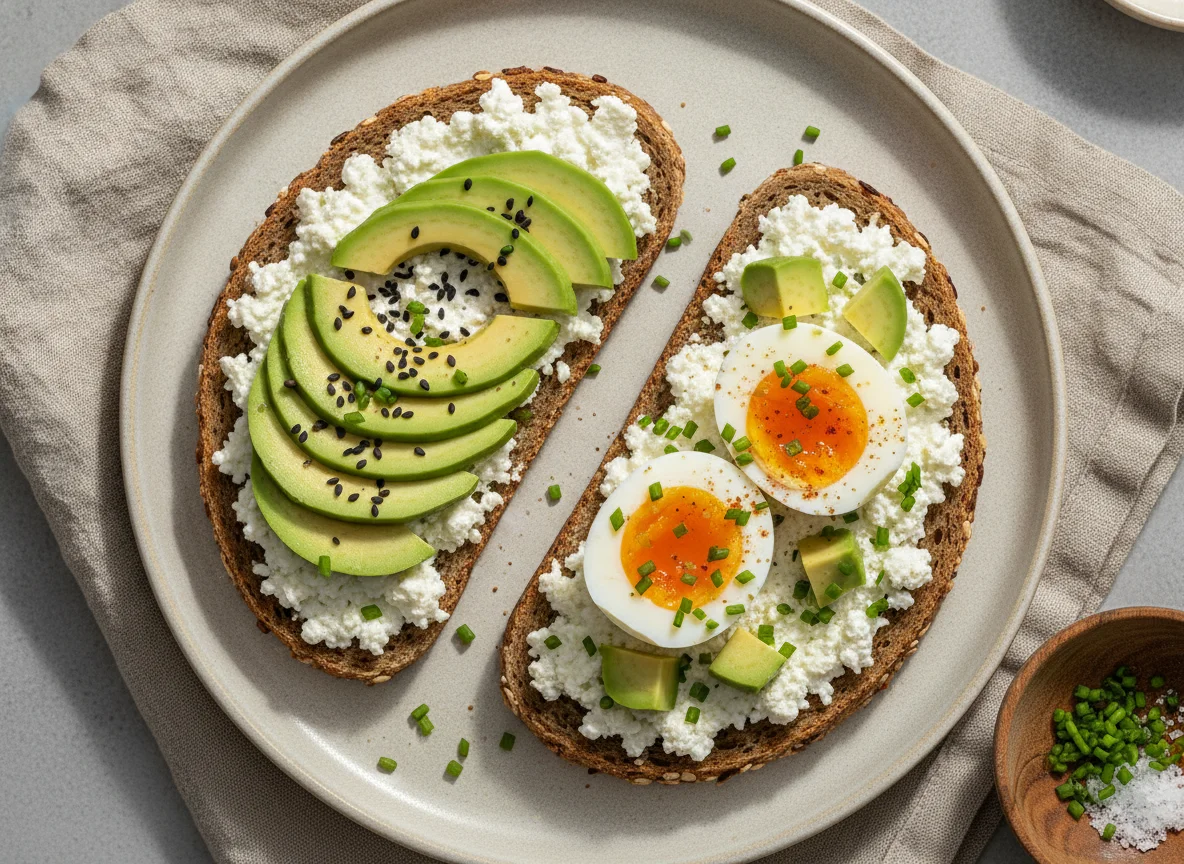 Vollkornbrot mit Hüttenkäse, Avocado und Ei photo