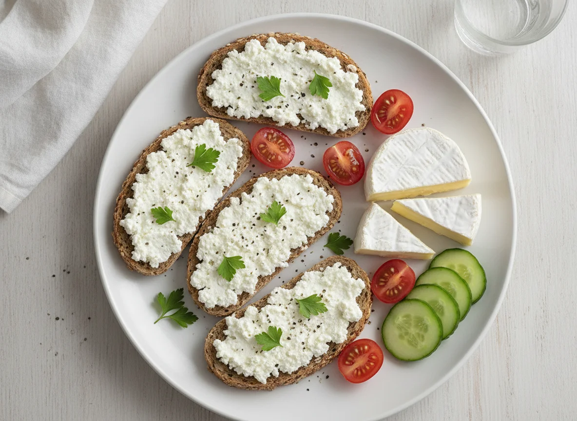 Vollkornbrot mit Hüttenkäse, Camembert und Gemüse photo