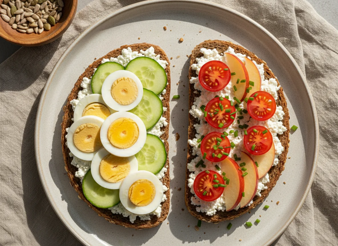 Vollkornbrot mit Hüttenkäse, Ei und Gemüse photo