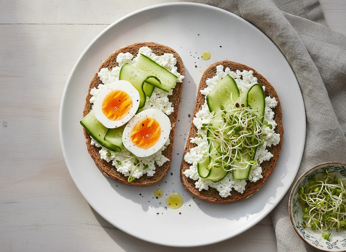 Vollkornbrot mit Hüttenkäse, Ei und Gurke photo