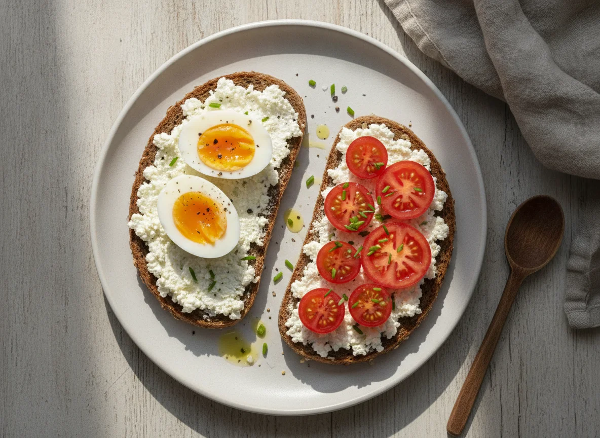 Vollkornbrot mit Hüttenkäse, Ei und Tomaten photo