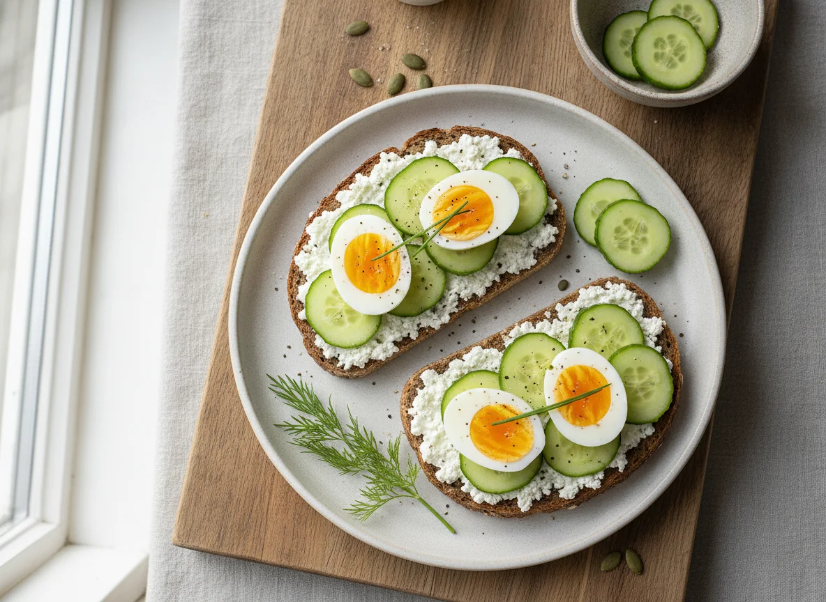 Vollkornbrot mit Hüttenkäse, Gurke und Ei photo
