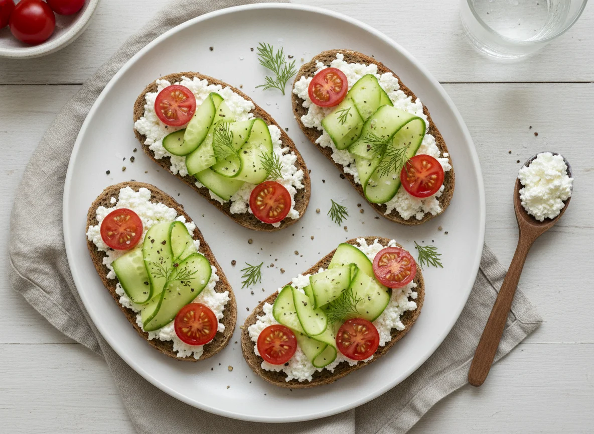 Vollkornbrot mit Hüttenkäse, Gurken und Tomaten photo