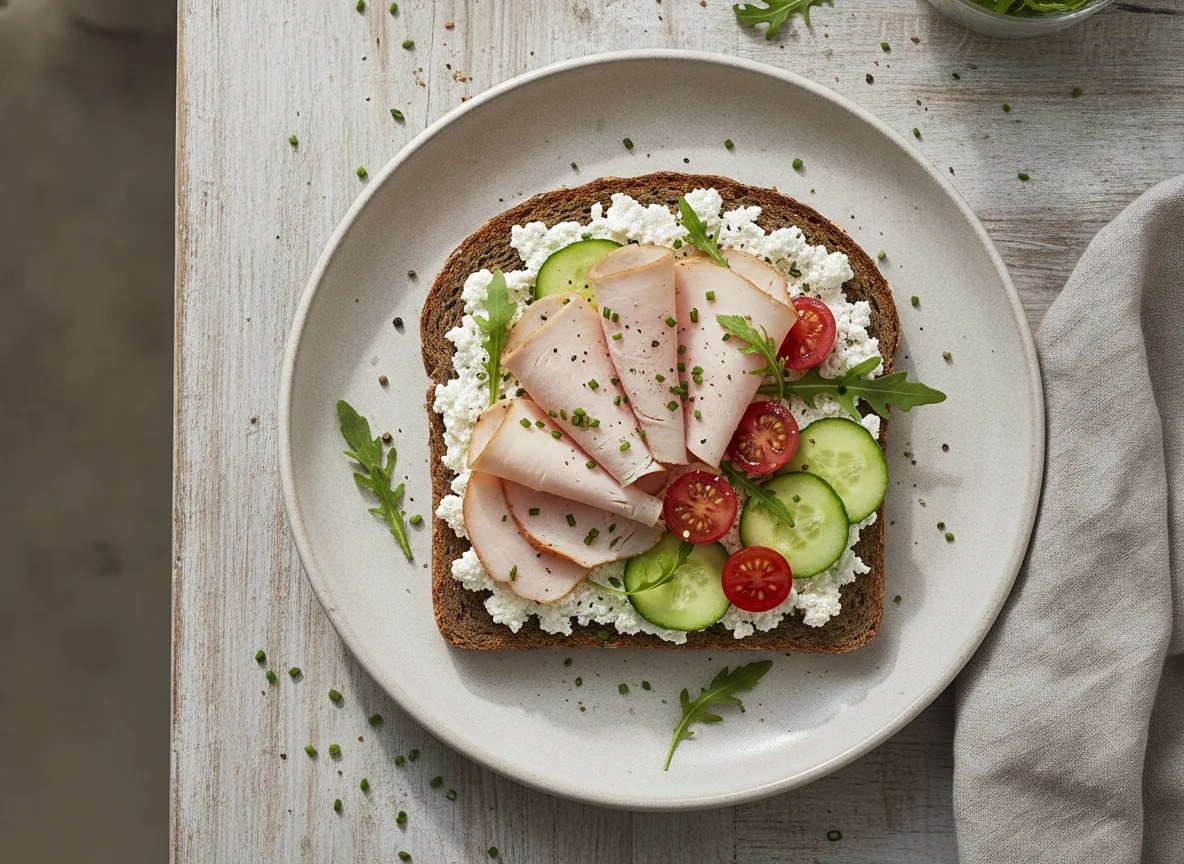 Vollkornbrot mit Hüttenkäse, Putenbrust und Gemüse photo