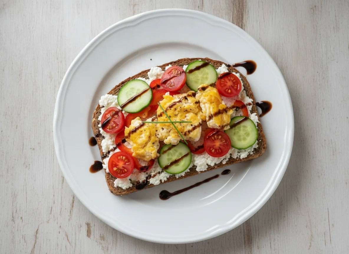 Vollkornbrot mit Hüttenkäse, Tomaten, Rührei und Paprika photo