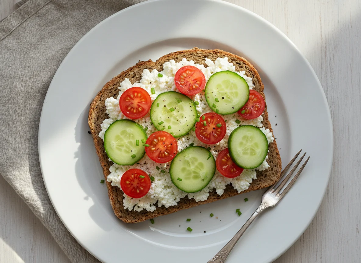 Vollkornbrot mit Hüttenkäse, Tomaten und Gurken photo