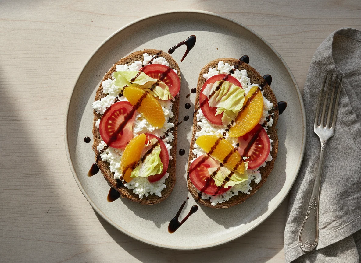 Vollkornbrot mit Hüttenkäse, Tomaten und Orange photo