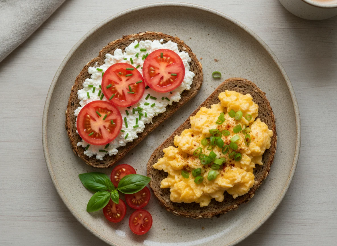 Vollkornbrot mit Hüttenkäse, Tomaten und Rührei photo