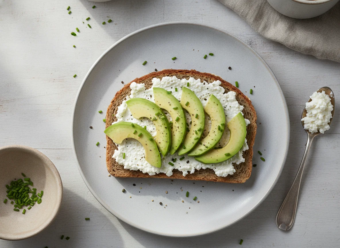 Vollkornbrot mit Hüttenkäse und Avocado photo