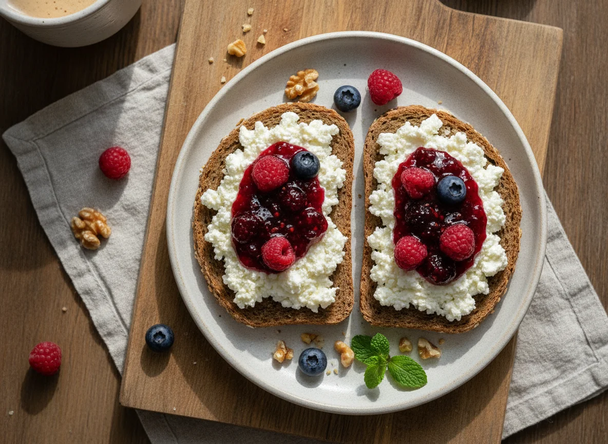Vollkornbrot mit Hüttenkäse und Beerenmarmelade photo