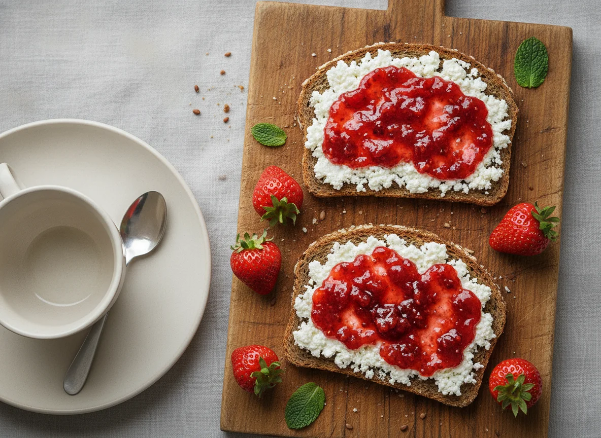 Vollkornbrot mit Hüttenkäse und Erdbeermarmelade photo