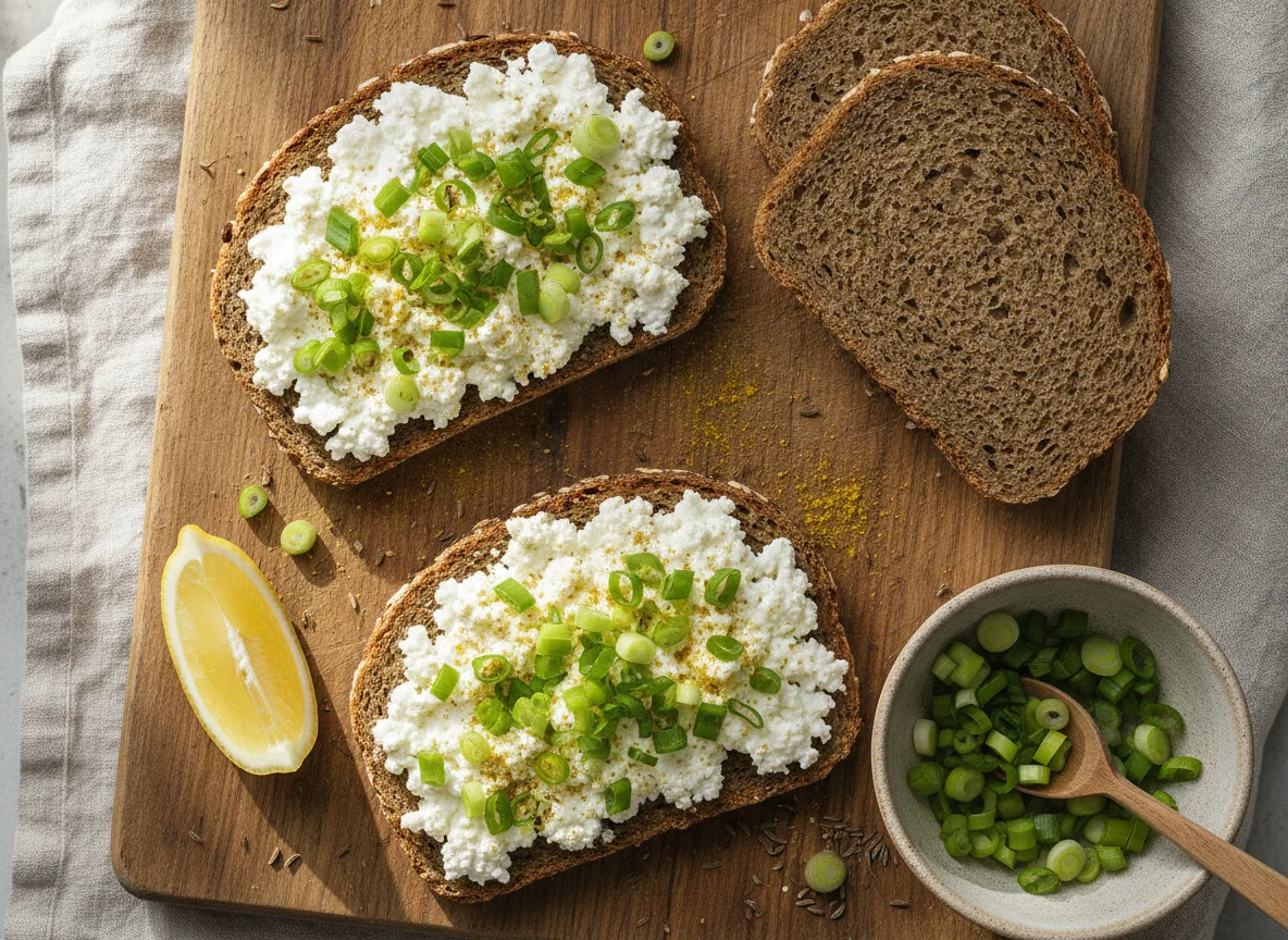 Vollkornbrot mit Hüttenkäse und Frühlingszwiebeln photo