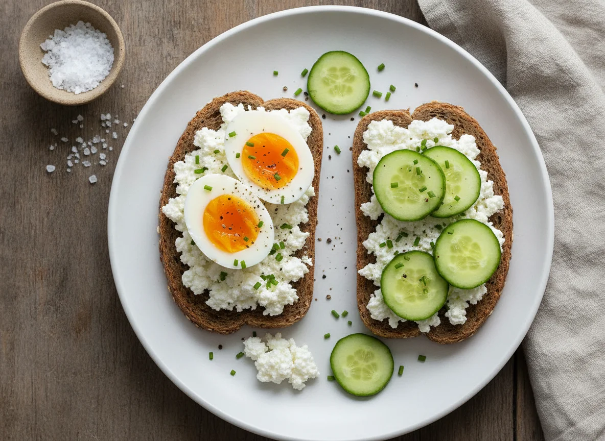 Vollkornbrot mit Hüttenkäse und gekochtem Ei photo