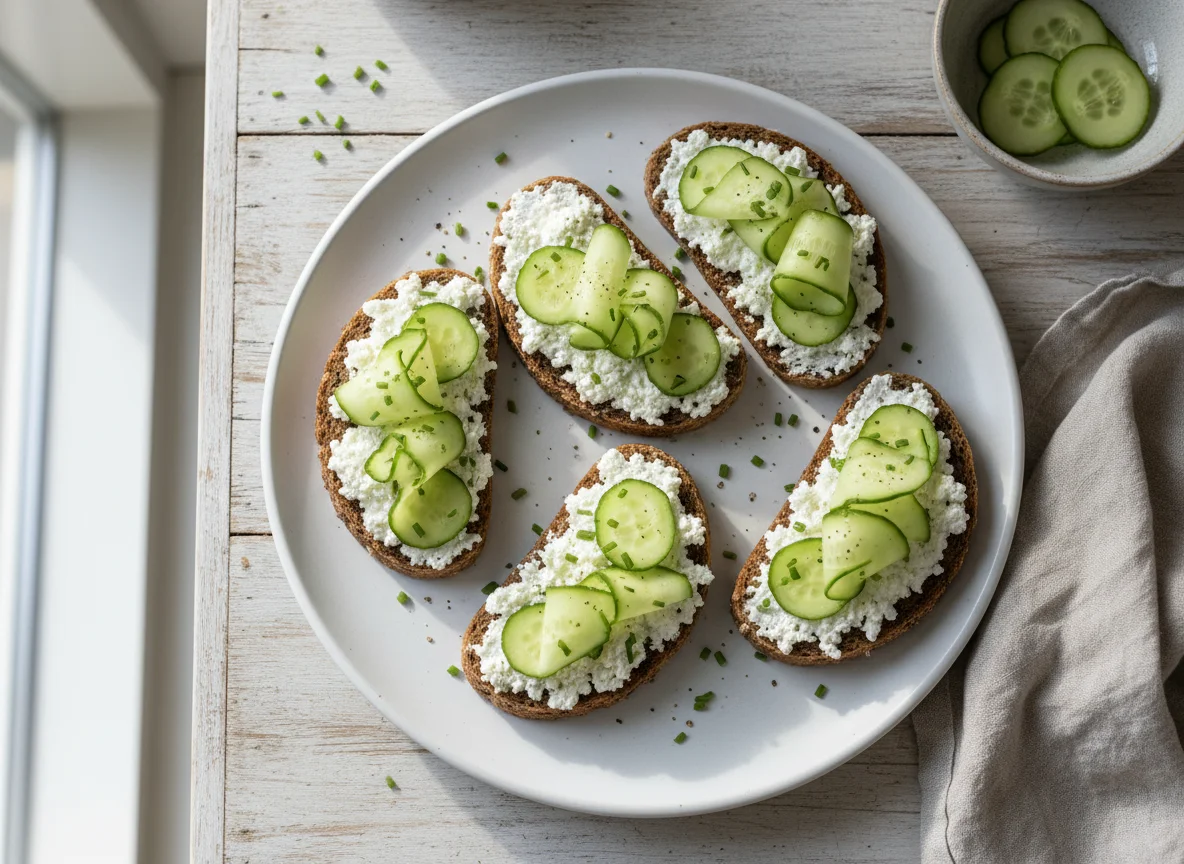 Vollkornbrot mit Hüttenkäse und Gurke photo