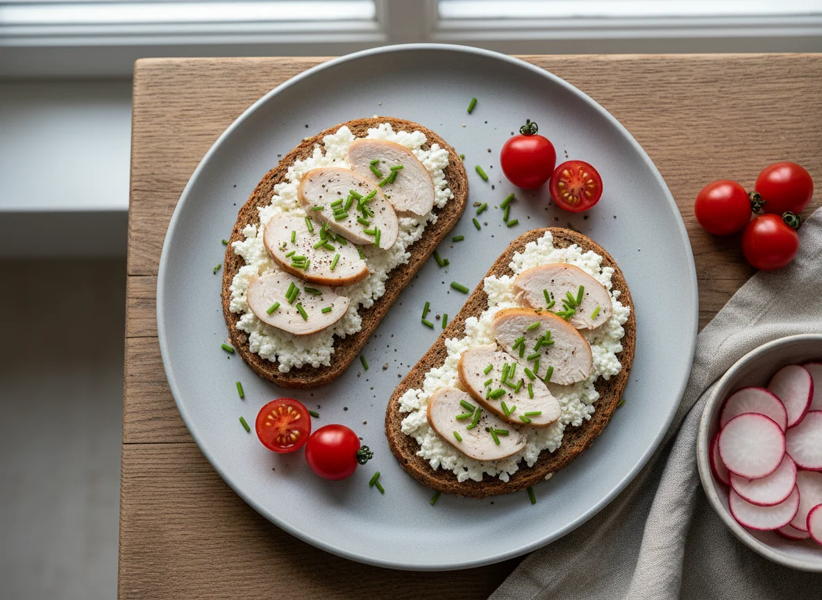Vollkornbrot mit Hüttenkäse und Hähnchenbrust photo