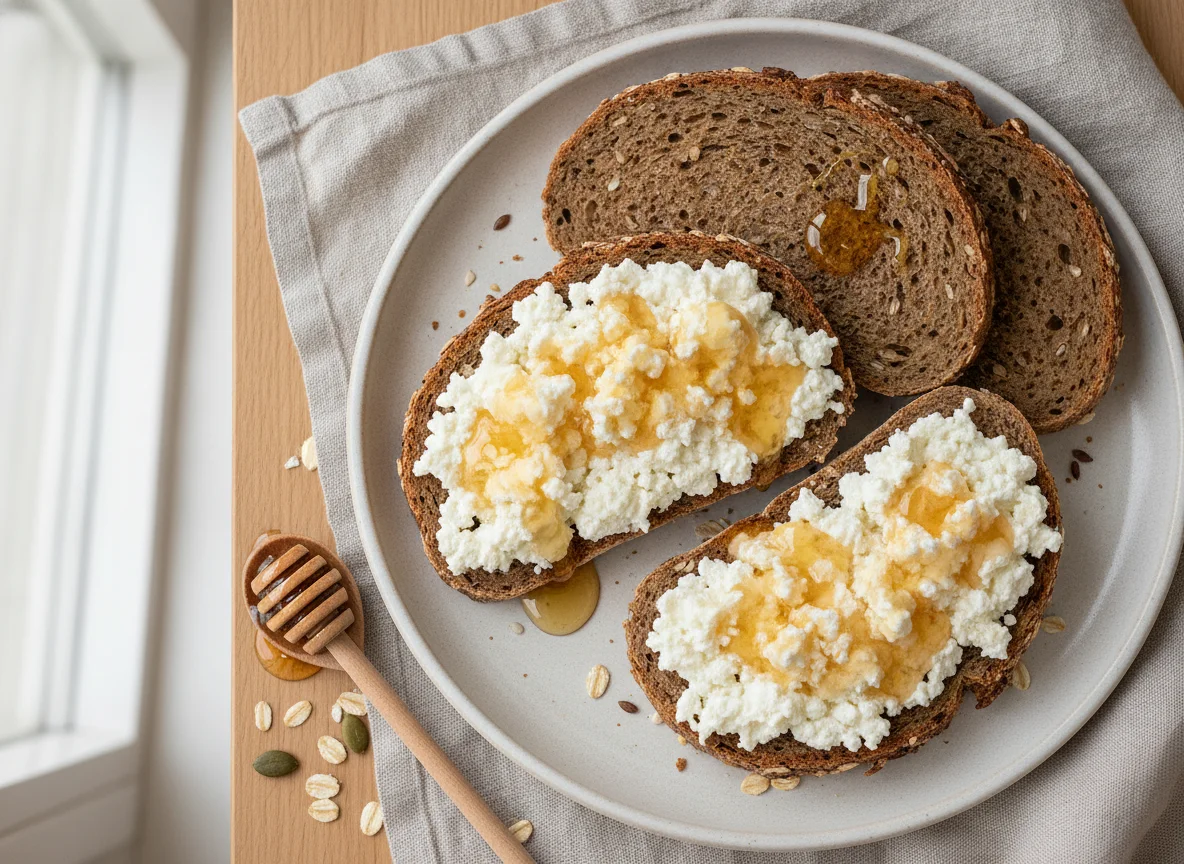 Vollkornbrot mit Hüttenkäse und Honig photo