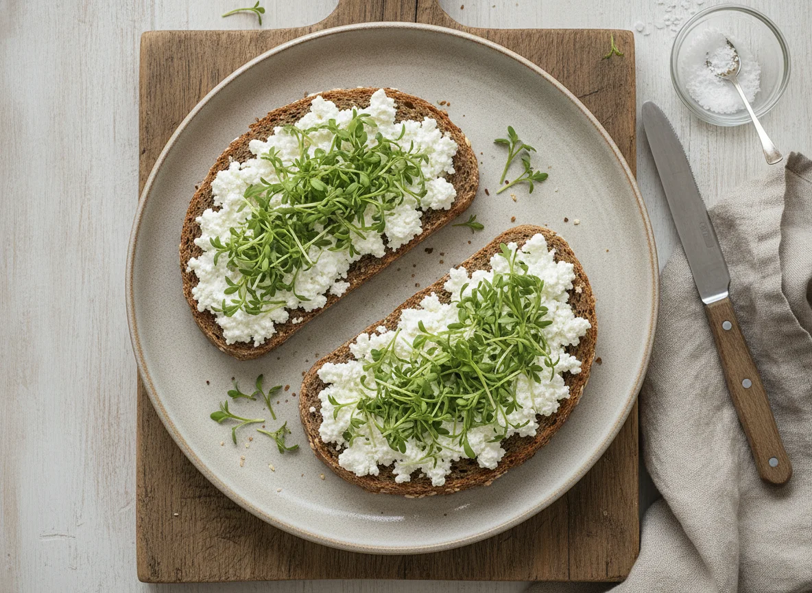 Vollkornbrot mit Hüttenkäse und Kresse photo