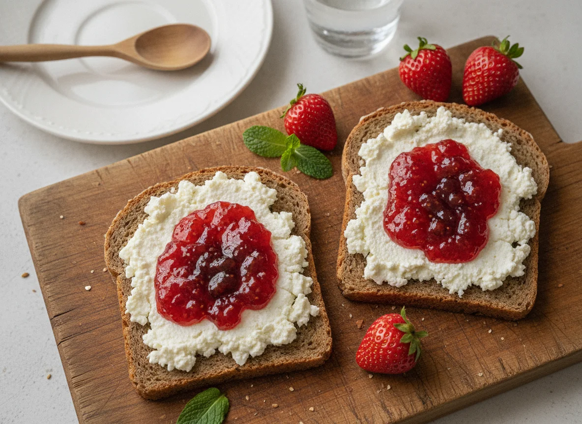 Vollkornbrot mit Hüttenkäse und Marmelade photo
