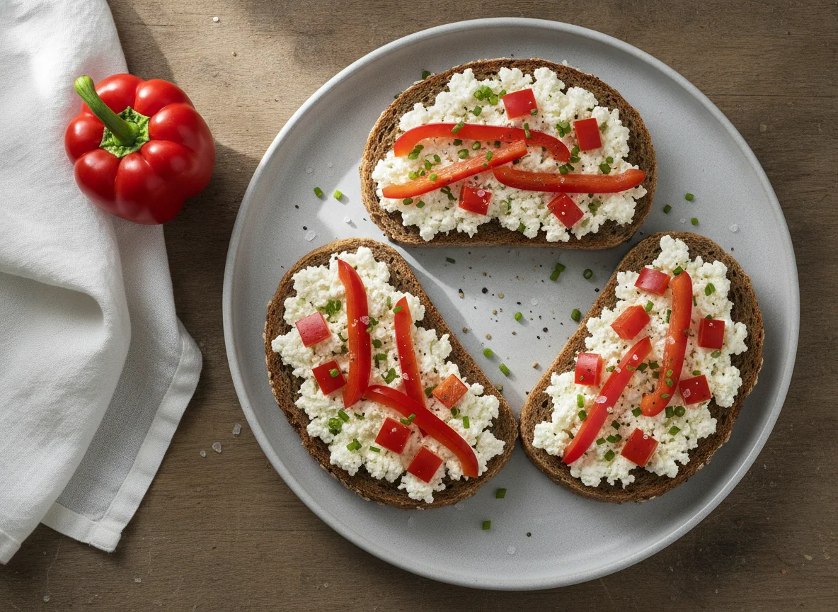 Vollkornbrot mit Hüttenkäse und Paprika photo