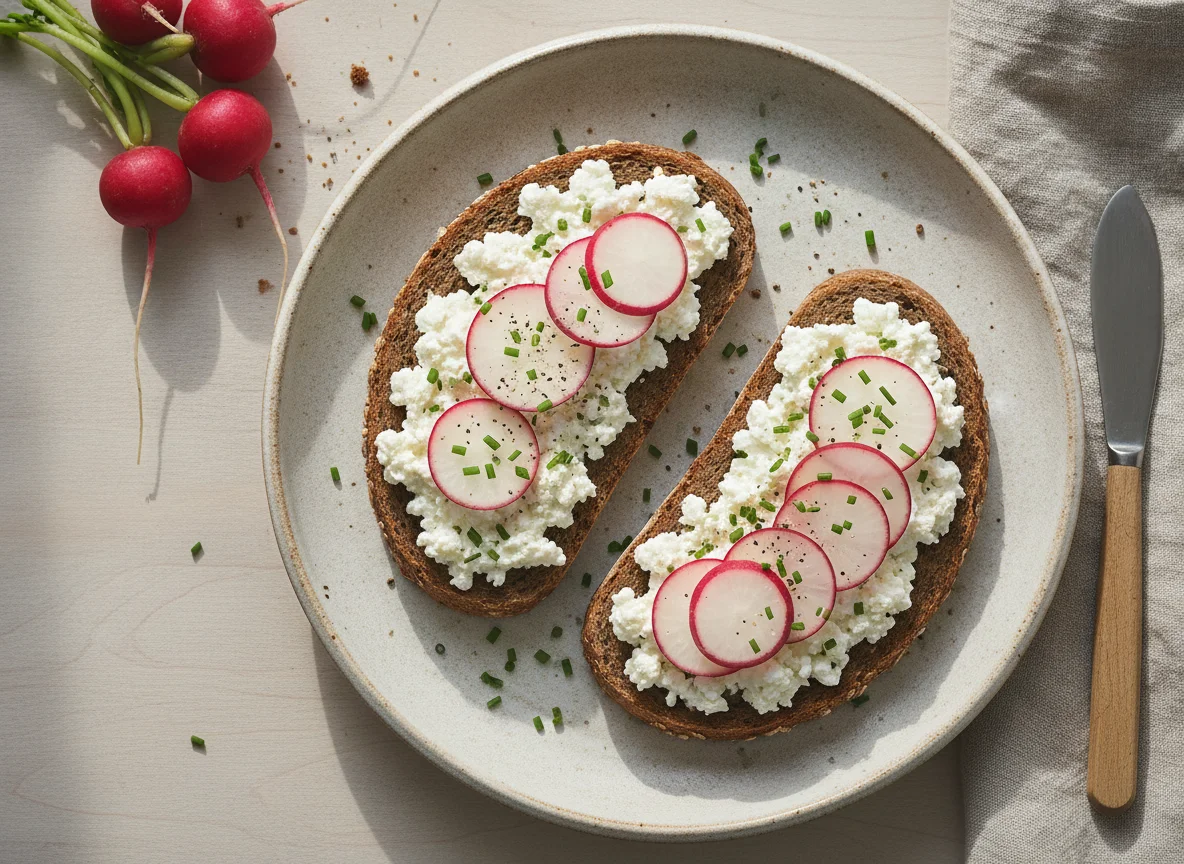 Vollkornbrot mit Hüttenkäse und Radieschen photo