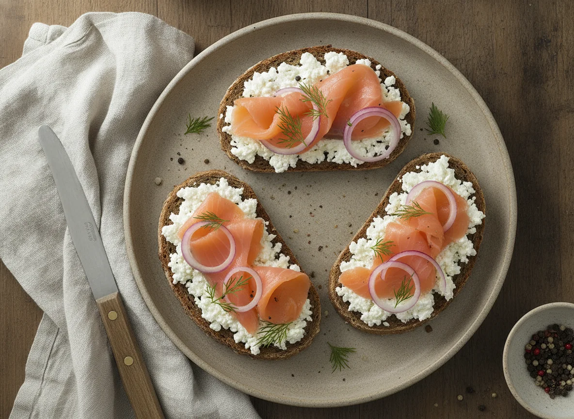 Vollkornbrot mit Hüttenkäse und Räucherlachs photo