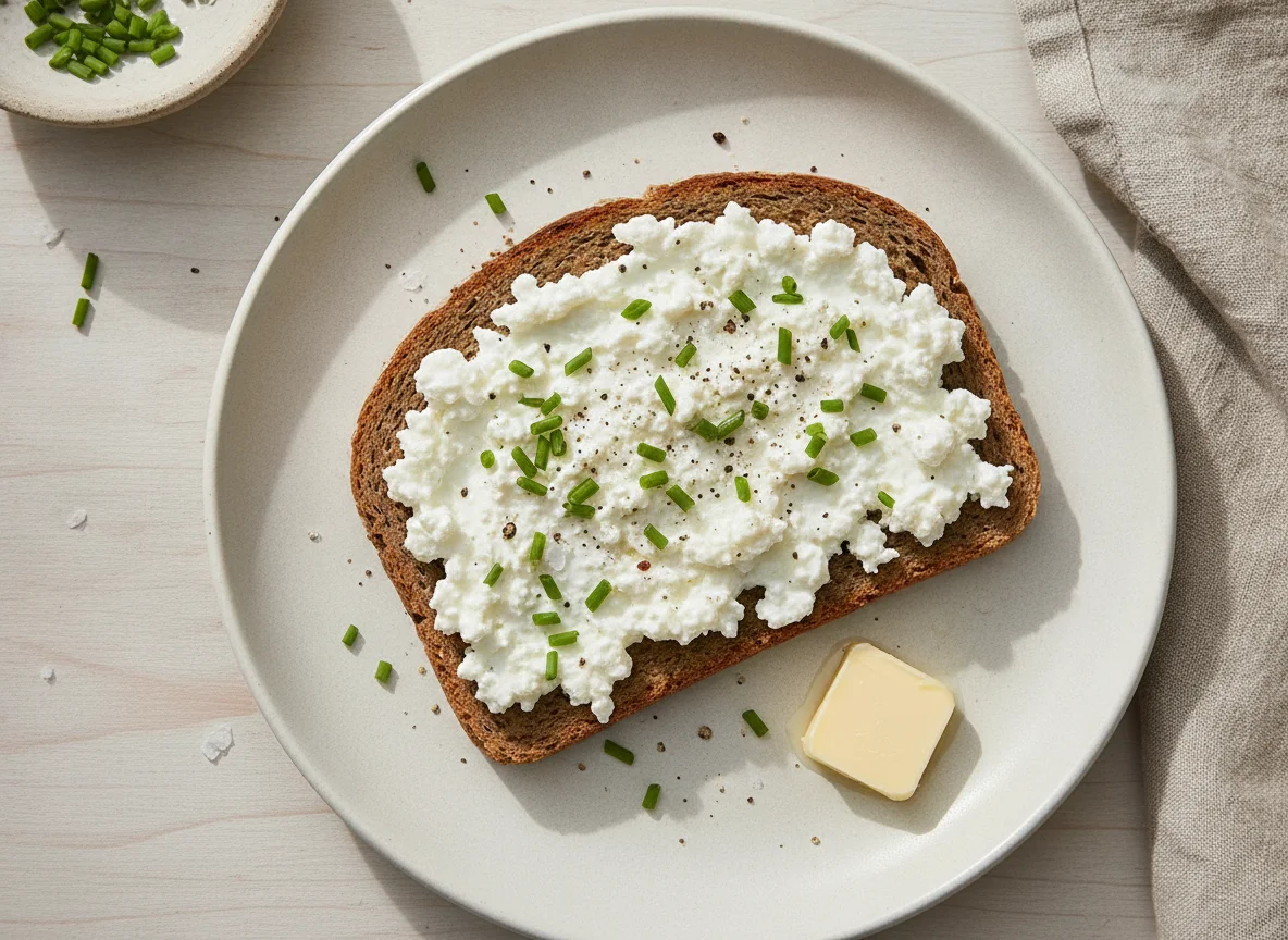 Vollkornbrot mit Hüttenkäse und Schnittlauch photo