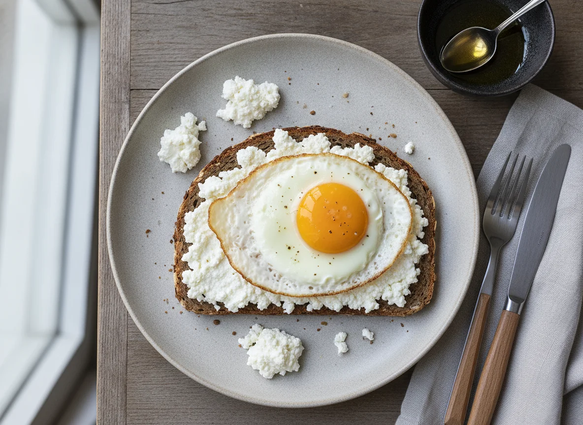 Vollkornbrot mit Hüttenkäse und Spiegelei photo