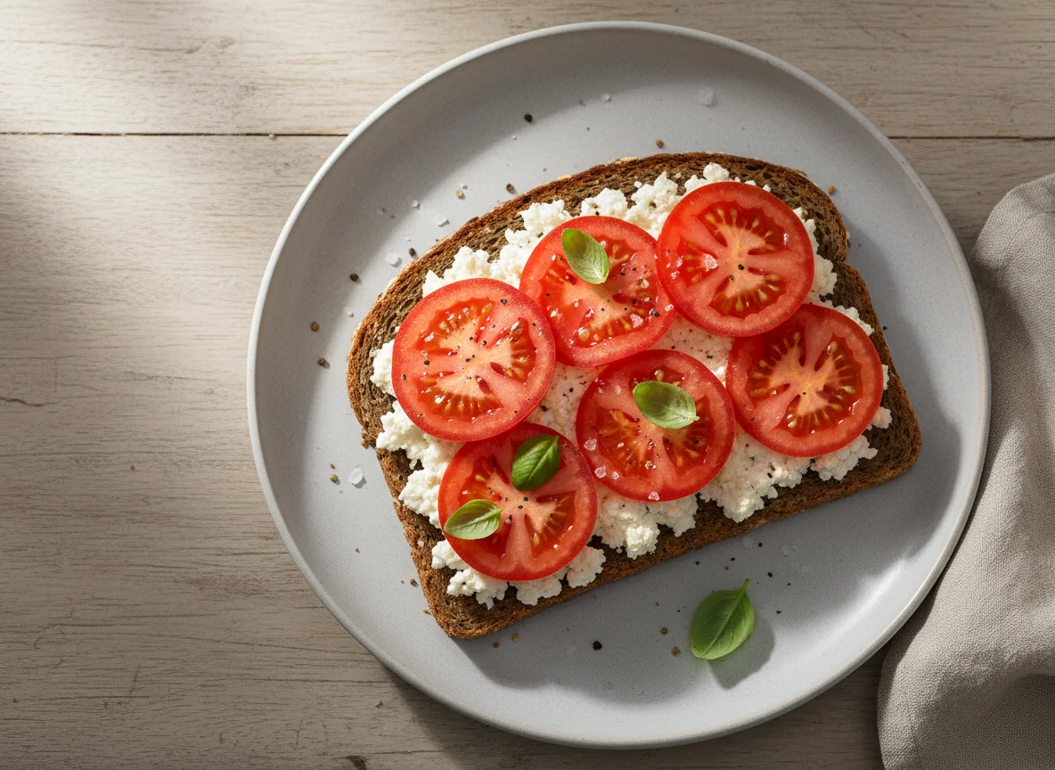 Vollkornbrot mit Hüttenkäse und Tomate photo