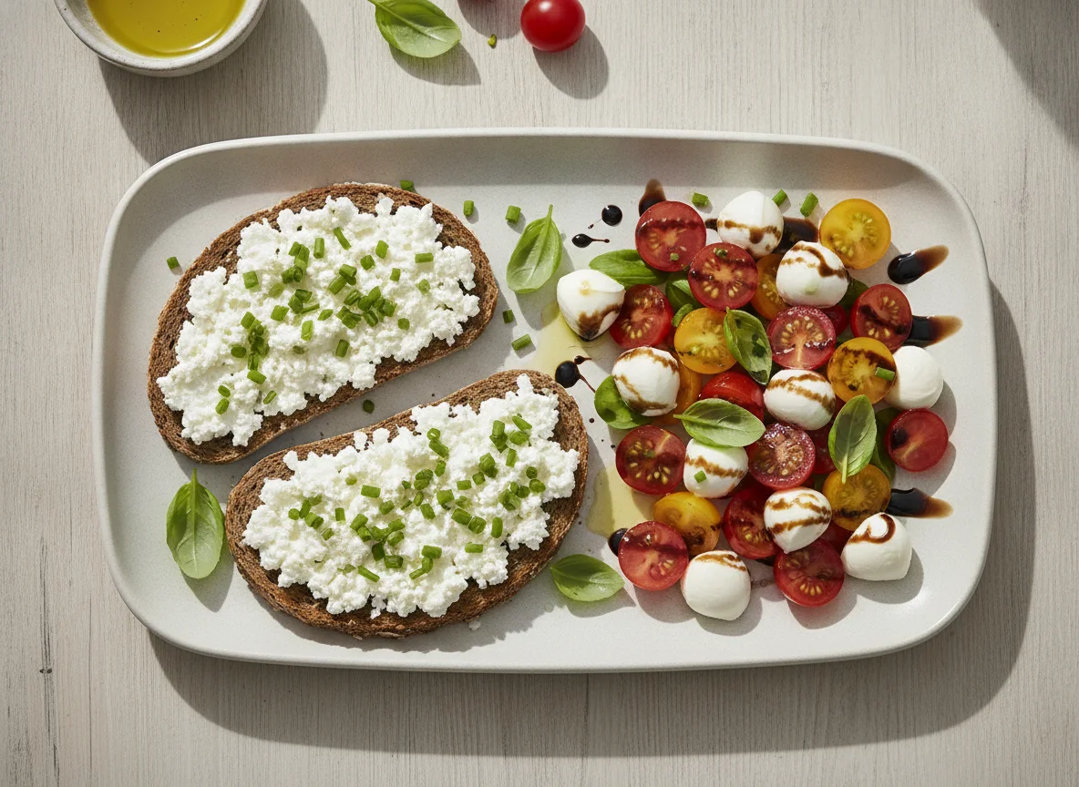 Vollkornbrot mit Hüttenkäse und Tomate-Mozzarella-Salat photo