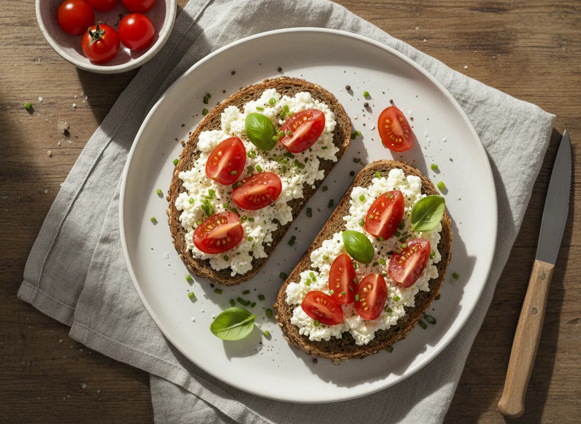 Vollkornbrot mit Hüttenkäse und Tomaten photo