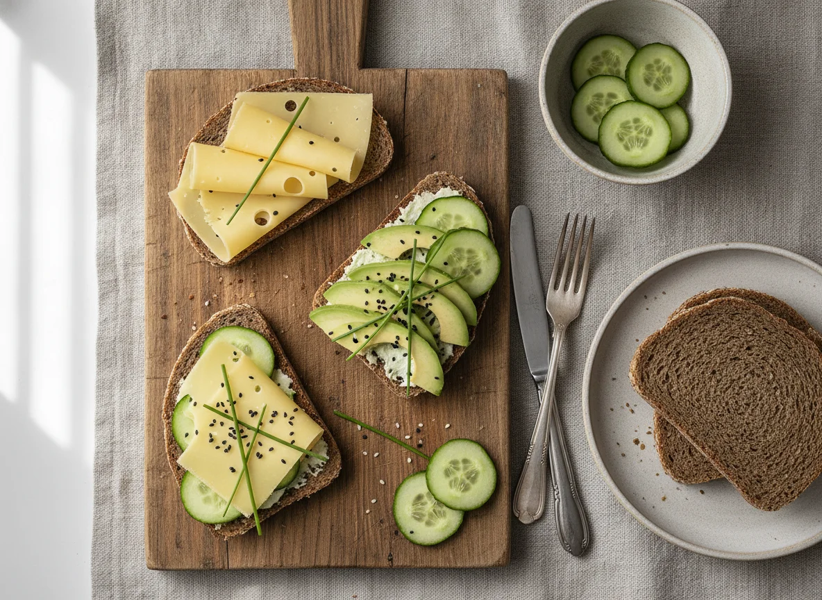 Vollkornbrot mit Käse, Avocado und Gurke photo