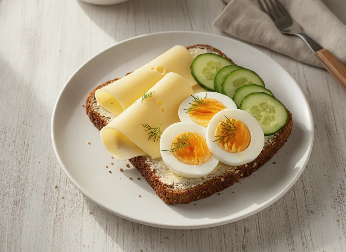 Vollkornbrot mit Käse, Ei und Gurke photo