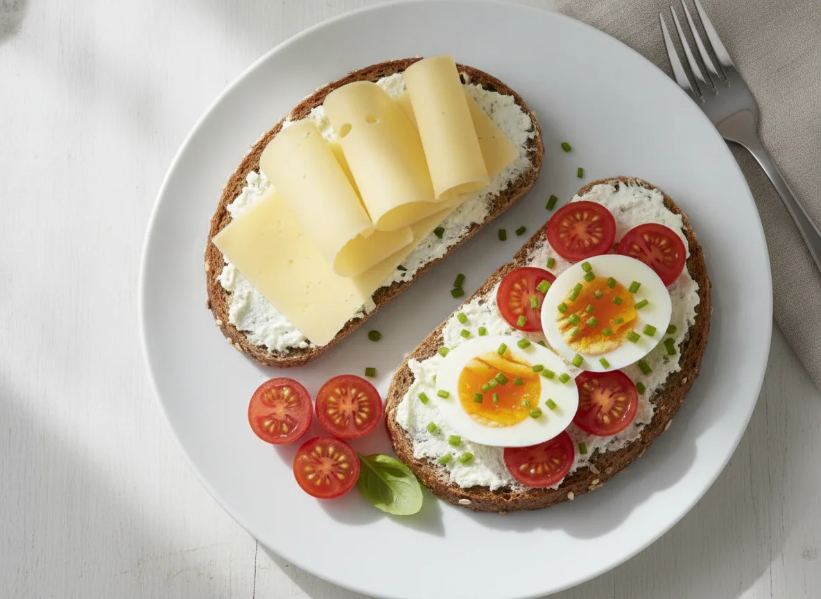 Vollkornbrot mit Käse, Ei und Tomaten photo