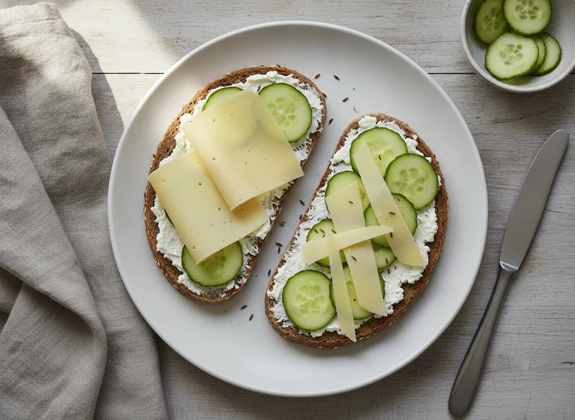Vollkornbrot mit Käse, Frischkäse und Gurke photo