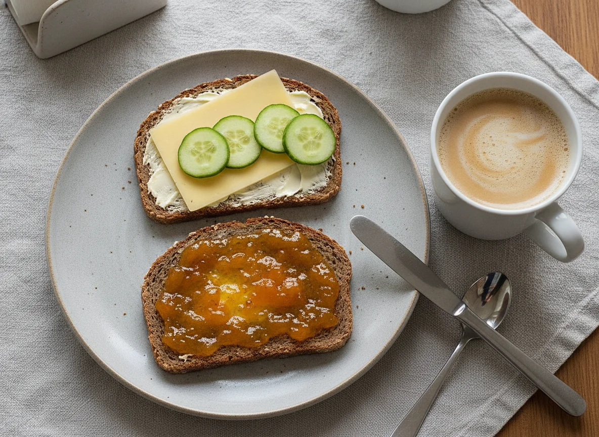 Vollkornbrot mit Käse, Gurke und Marmelade photo