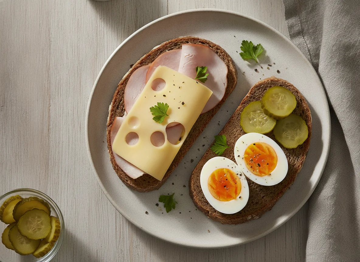 Vollkornbrot mit Käse, Putenbrust, Eiern und Gewürzgurken photo