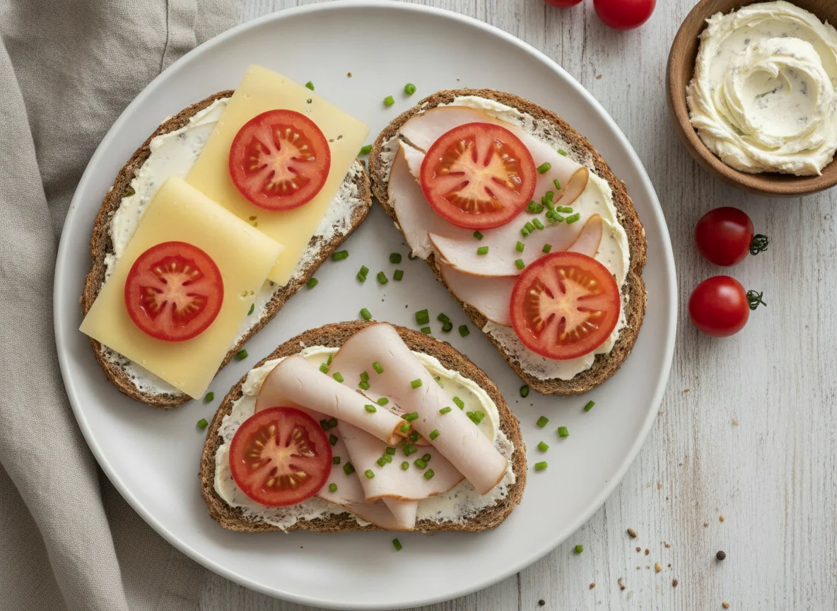Vollkornbrot mit Käse, Putenbrust und Tomaten photo