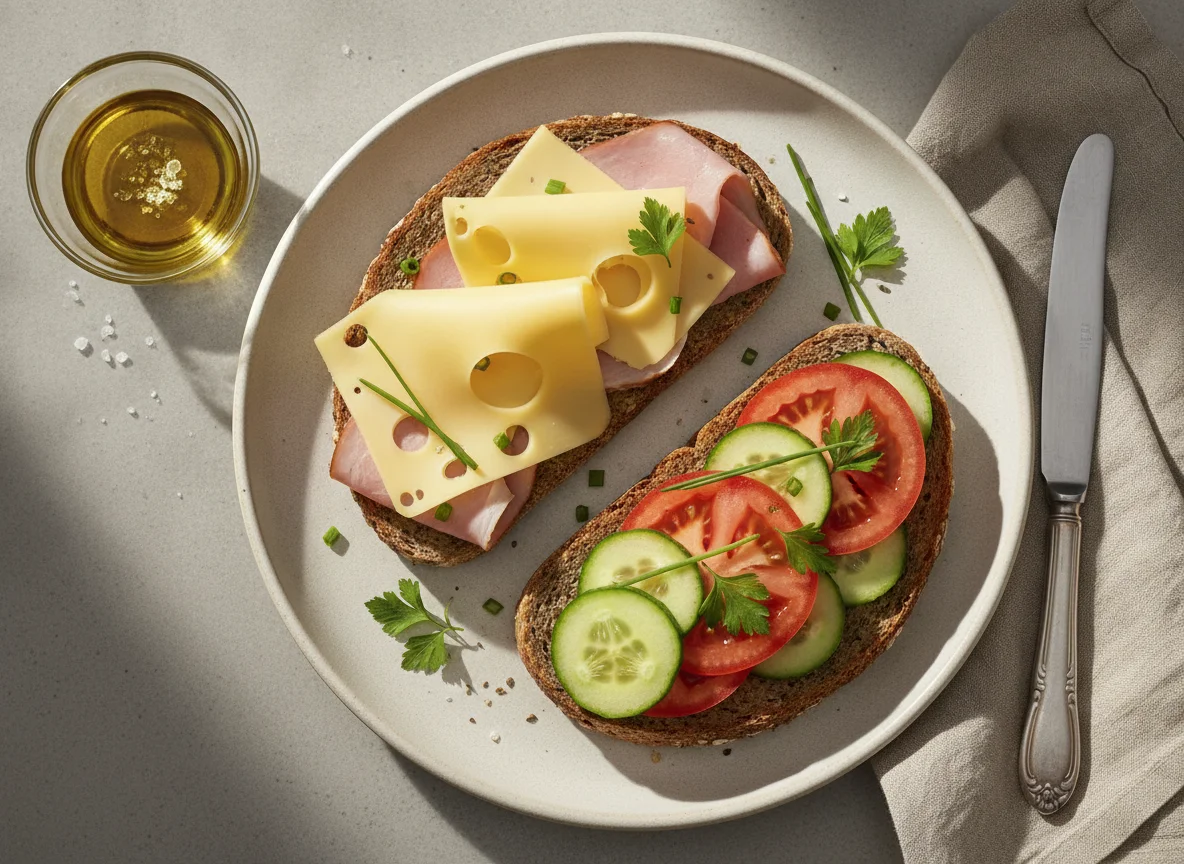 Vollkornbrot mit Käse, Schinken und Gemüse photo