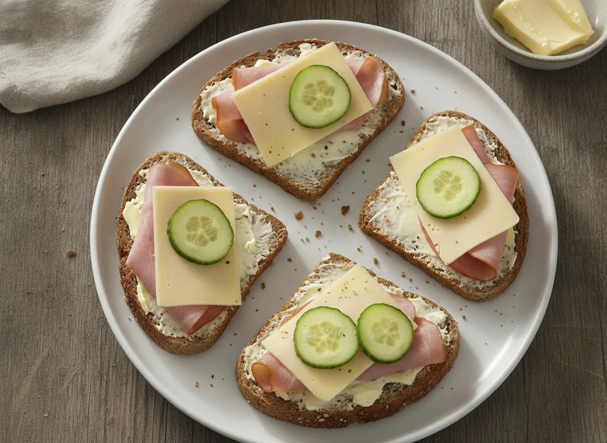 Vollkornbrot mit Käse, Schinken und Gurke photo