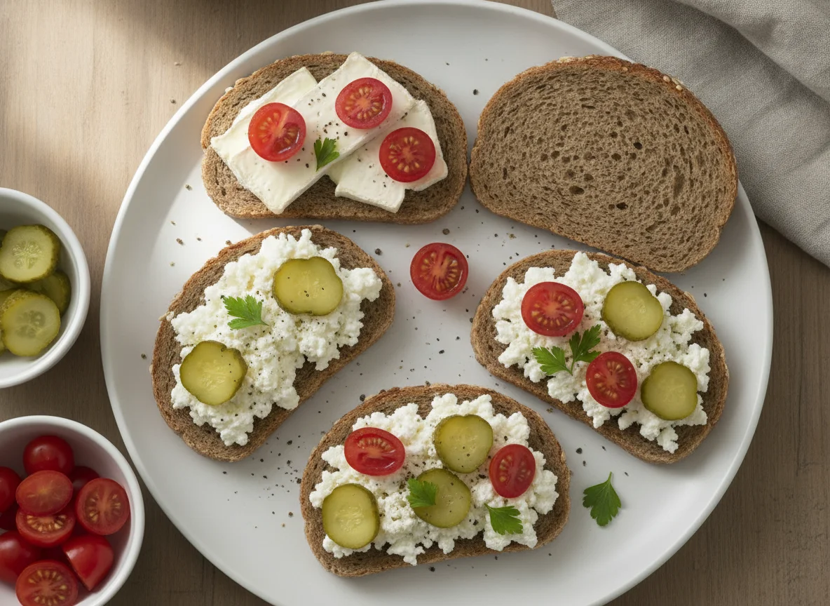 Vollkornbrot mit Käse, Tomaten und Gewürzgurken photo