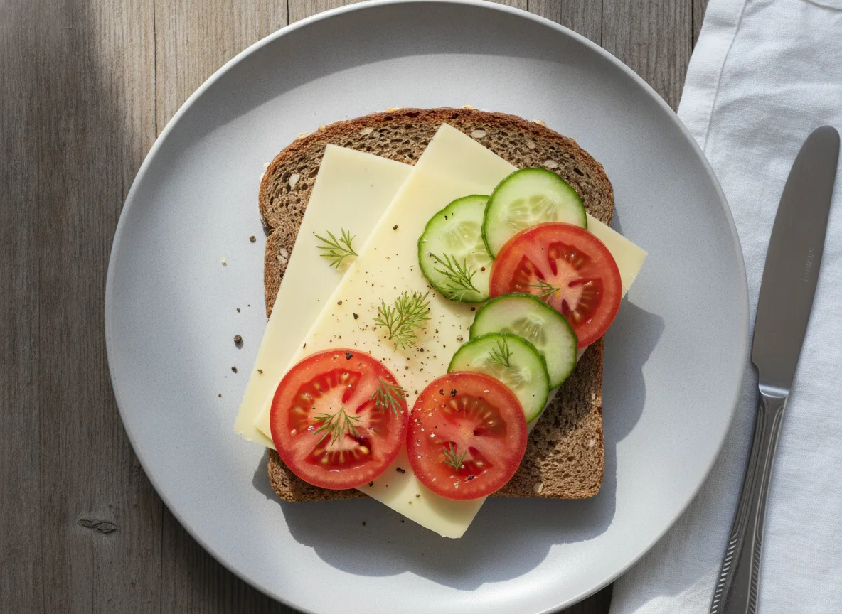 Vollkornbrot mit Käse, Tomaten und Gurken photo