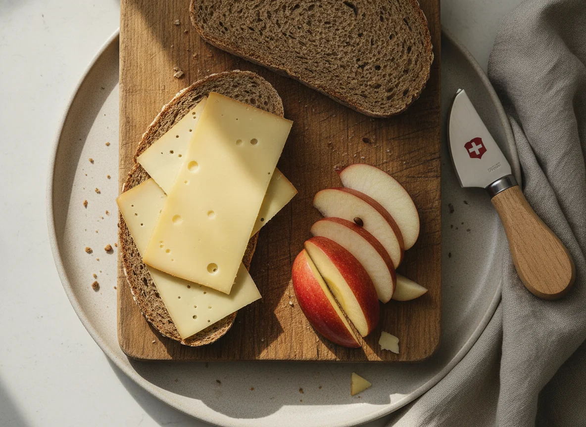 Vollkornbrot mit Käse und Apfelspalten photo