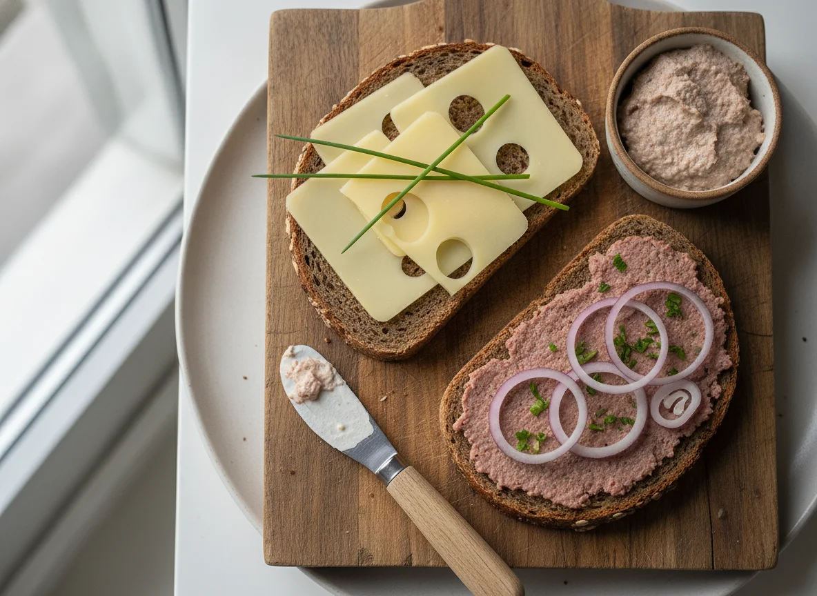 Vollkornbrot mit Käse und Aufstrich photo